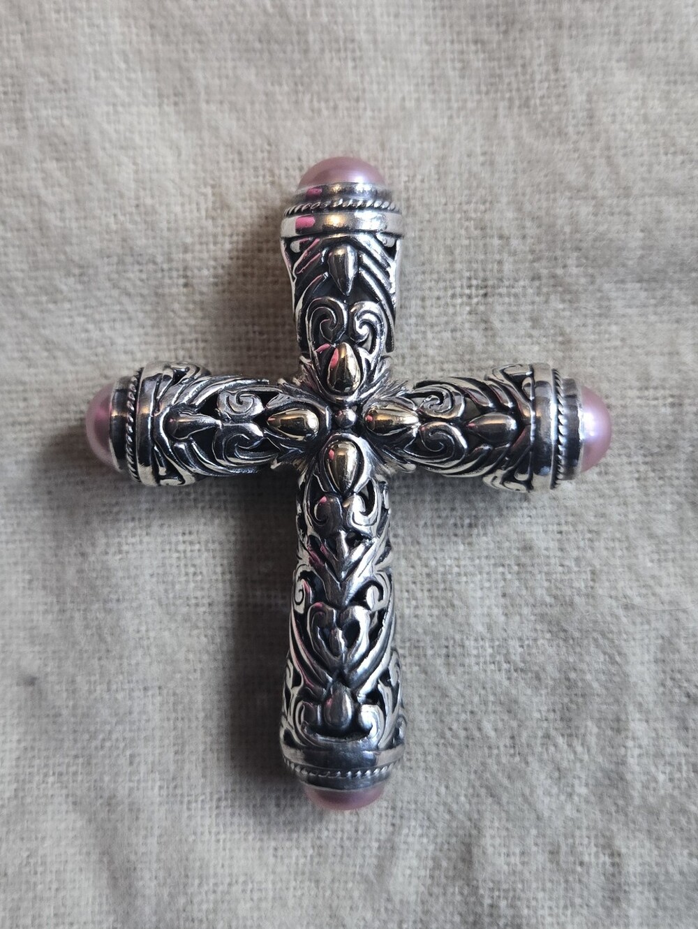 Sterling And Gold Filigree Cross Accent with Pink Moab Pearls